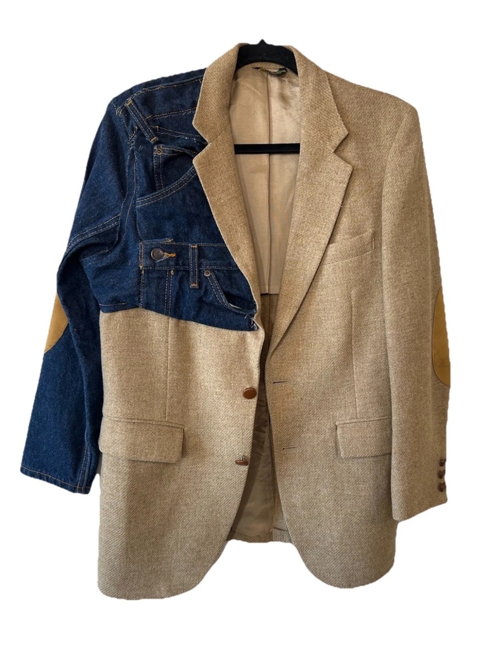 Vintage OOAK Reworked Wool Blazer Denim Patchwork Jacket Upcycled Art Coat M/L
